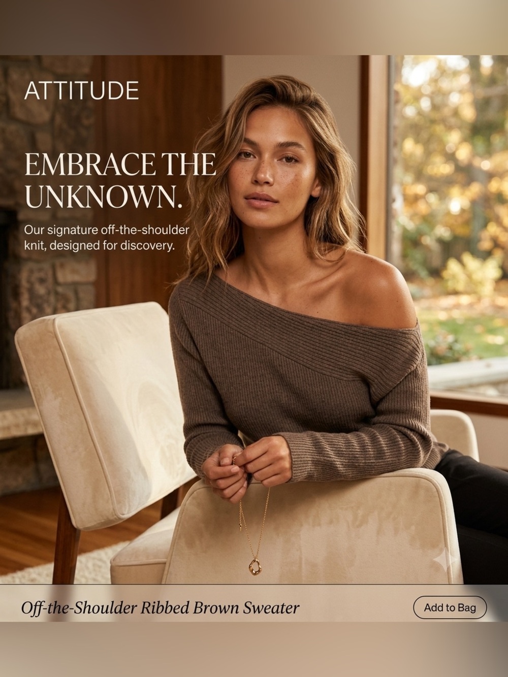 Off-the-Shoulder Ribbed Brown Sweater
